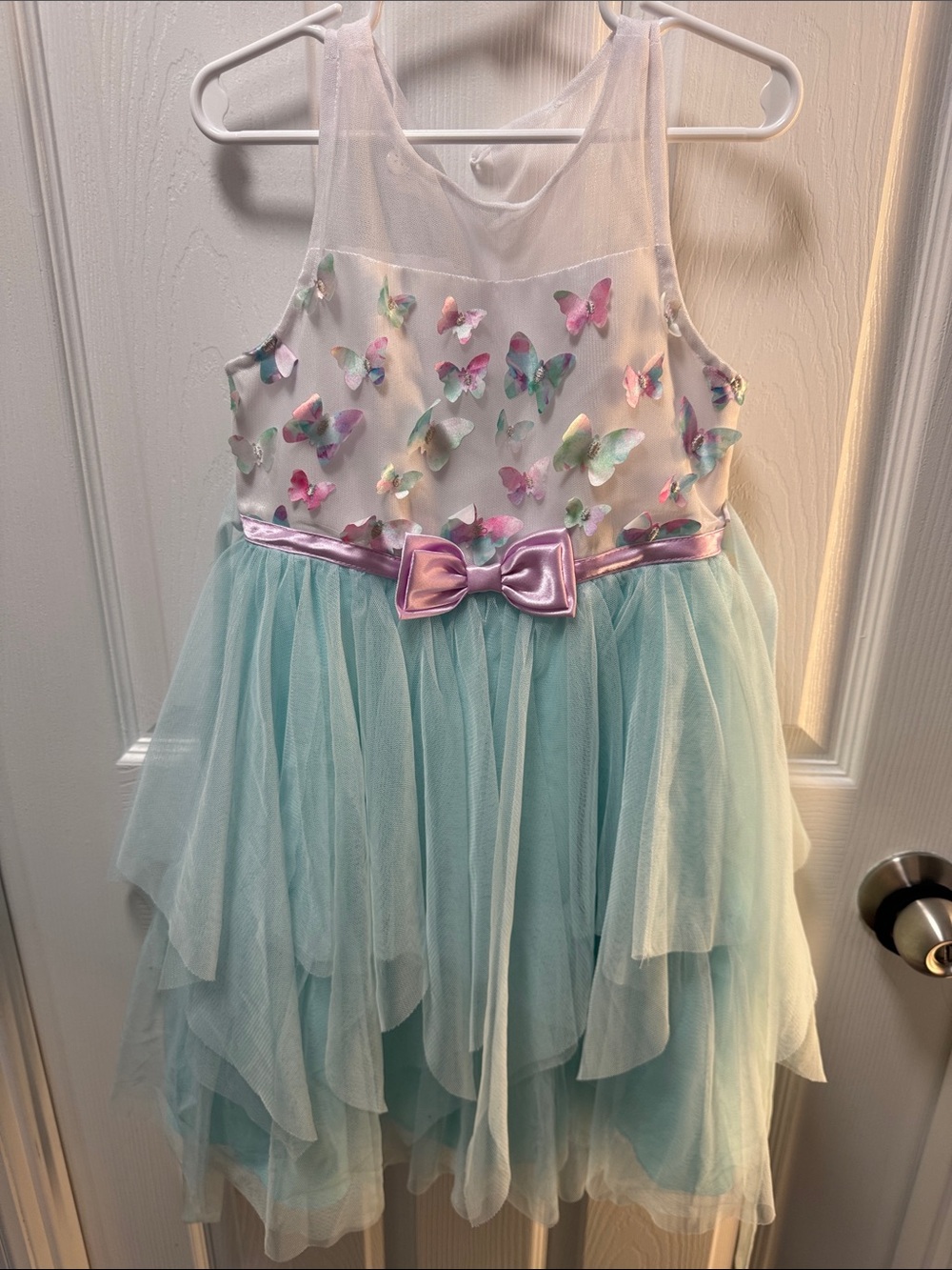 Jona Michelle White and Aqua Butterfly Tulle Dress with Pink Satin Bow